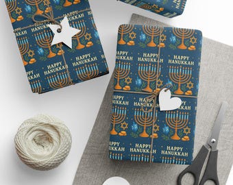Happy Hanukkah Menorah Wrapping Paper | Hanukkah Gift Wrap, Dreidel Pattern