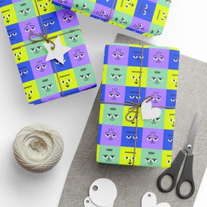 May include: Gift-wrapped presents with colorful, patterned paper featuring cartoon faces in squares. Each package is tied with twine and adorned with a white star or heart-shaped tag. A ball of twine, scissors, and blank tags are also visible.