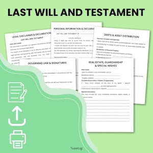 May include: Several white Last Will and Testament forms are displayed, featuring sections for personal details, debts, and property. The forms are set against a light green backdrop, with the title "LAST WILL AND TESTAMENT" prominently displayed.