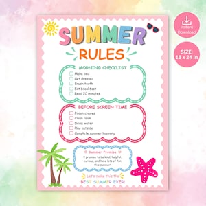 Pode incluir: Um cartaz Summer Rules de 46 x 61 cm com uma borda rosa recortada. Inclui uma lista de verificação matinal, uma lista antes do tempo de tela e uma promessa de verão. O design inclui um sol amarelo, óculos de sol, palmeiras e uma estrela-do-mar.