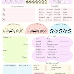 May include: A Daily Mood Tracker printable with sections for stress, energy levels, goals, and mood. Includes spaces for meals, self-care, and gratitude. The design is pastel-colored with a clean, organized layout.