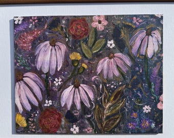 Dipinto floreale originale Moody, giardino di fiori selvatici Cottagecore, tela incorniciata 8x10