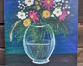 Bouquet Blue Hour, dipinto floreale originale, regalo romantico e suggestivo per lei