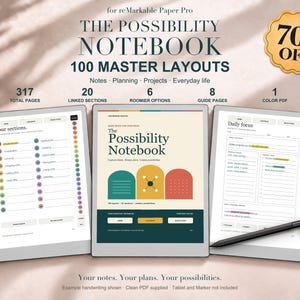 May include: A digital planner for reMarkable Paper Pro titled The Possibility Notebook with 100 master layouts, 317 pages, 20 linked sections, 6 roomier options, and 8 guide pages. Includes a black stylus and a 70% off badge.