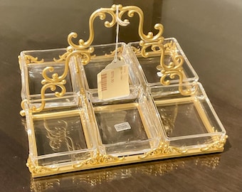 CreArt Italiaanse kristallen 6-delige relishschaal gouden sierlijke caddy | Hollywood Regency