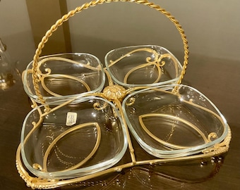 CreArt 4-Section Glass Bowl Set Gold Caddy with Handle | Vintage Entertaining Serveware | Hollywood Regency
