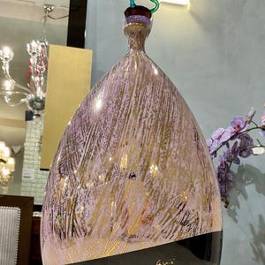 Vintage Carpiè Nove Italy Art Pottery Bottle Vase, Metallic Pink & Gold Ceramic Decanter with Murano Glass Flame Stopper, New Old Stock 15"