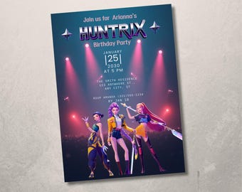 Huntrix-verjaardagsuitnodiging • K-Pop Girl Group-feestuitnodiging • Bewerkbare canvassjabloon • Popsterverjaardag • Digitale uitnodiging direct downloaden