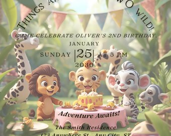 Two Wild Birthday Invitation • 2nd Birthday Safari Invite • Editable Canva Template • Boho Jungle Two Wild Party • Printable Birthday Invite