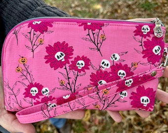 Pink zip wallet, Yarrow pouch, card wallet, slim wallet, zip-around pouch, wristlet, skulls, Halloween, spooky