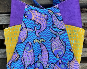 Purple fish tote bag, handbag, slouch bag, purse