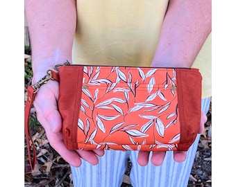 Zipper pouch, zipper bag, Norfolk pouch, rust and turquoise zipper pouch