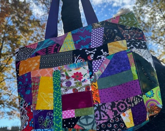 Patchwork tote bag, crazy quilt tote bag, zipper tote bag