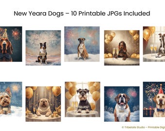 Lindo perrito junto a la mesa con confeti y globos – Pack de acuarelas de Año Nuevo | Arte de mascotas para una cálida celebración | Elegante lámina navideña para imprimir