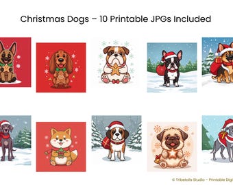 Pack de regalo con cachorros | Ilustraciones navideñas de perros adorables – Arte de pared de dibujos animados | Ilustración kawaii de mascotas