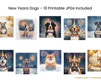 Perro realista con copas de champán – Arte de pared para fiesta de Año Nuevo | Elegante ilustración de mascota en acuarela | Decoración festiva y acogedora para el hogar
