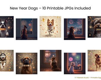 Retrato de perro con fuegos artificiales: una obra de arte realista de Año Nuevo, una vibrante lámina navideña para decorar la pared de tu hogar si eres amante de las mascotas.
