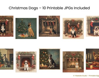 Perro junto a un televisor antiguo | Escena de un especial navideño de los años 50 | Arte mural navideño retro | Ilustración nostálgica de una mascota | Descarga digital