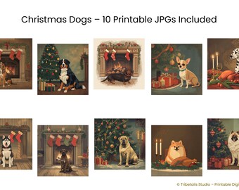 Perro con adornos vintage | Lámina navideña retro de los años 50 | Arte de pared navideño nostálgico | Decoración festiva acogedora | Descarga digital instantánea