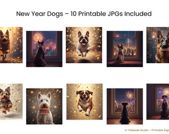 Perro contemplando el horizonte festivo de la ciudad: lámina decorativa para pared con temática de celebración nocturna cinematográfica, elegante decoración de Año Nuevo para mascotas