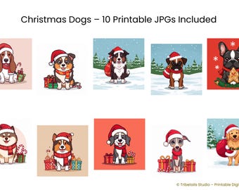 Paquete de imágenes prediseñadas de perritos navideños adorables | Arte de pared kawaii de perritos navideños – Arte de pared de dibujos animados adorables | Ilustración de mascota kawaii