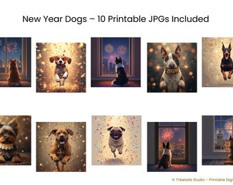 Perro viendo los fuegos artificiales por la ventana – Arte de pared cinematográfico de Año Nuevo, escena nocturna acogedora, regalo navideño perfecto