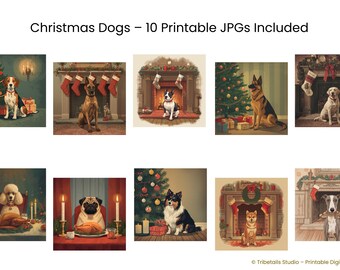 Perro en la cena de Navidad estilo años 50 | Escena retro de mesa navideña | Lámina decorativa vintage | Ilustración festiva de mascota | Descarga digital