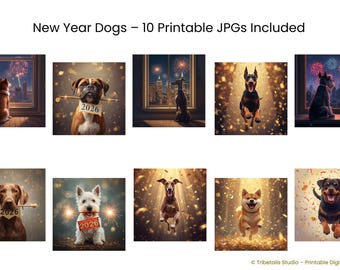 Perro alegre entre confeti dorado – Arte digital de pared brillante y alegre 2026, decoración moderna para el hogar en estas fiestas.