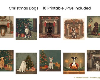 Perro navideño retro de los años 50 junto al árbol | Arte mural navideño vintage | Ilustración a la luz de las velas | Decoración imprimible nostálgica | Descarga digital acogedora