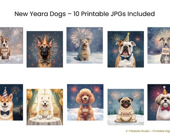 Perro con pajarita junto a champán y fuegos artificiales – Acuarela de Nochevieja | Elegante retrato de mascota | Decoración festiva para el hogar