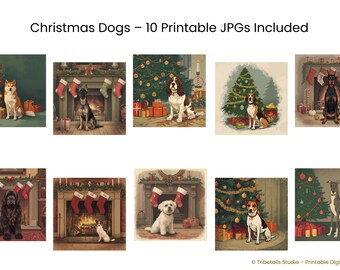 Perro abriendo regalos | Mañana de Navidad retro de los años 50 | Arte de pared navideño vintage | Lámina imprimible nostálgica para mascotas | Decoración digital acogedora