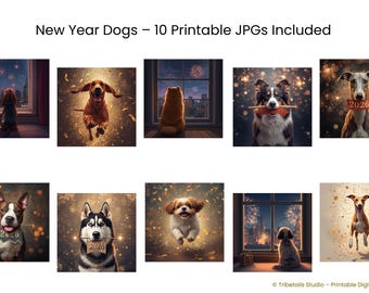 Perro emocionado celebrando en casa: lámina decorativa festiva para el hogar, arte realista y alegre de mascotas para la decoración de Año Nuevo.
