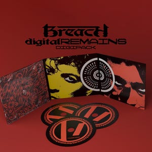 May include: A red digipack CD case with the text "Breach digitalREMAINS DIGIPACK" in black. The case is open, revealing artwork with yellow and red faces. Three black and red circular stickers are in front.