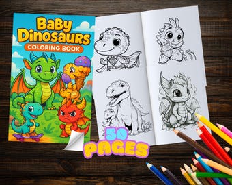 May include: A colorful children's coloring book titled "Baby Dinosaurs Coloring Book" with cartoon dinosaur illustrations. The book is open to show black and white dinosaur drawings. Colored pencils are scattered around the book.