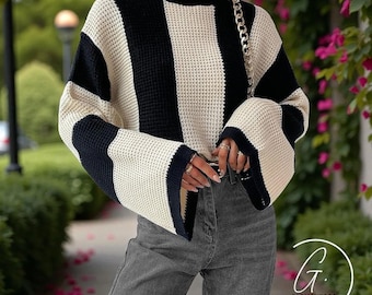 Maglione a righe minimalista: elegante maglione da donna - pullover casual a maniche lunghe - maglione da donna