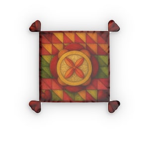 Può includere: Un cuscino quadrato con un motivo geometrico di triangoli rossi, arancioni e verde oliva. Il centro presenta un medaglione circolare con un motivo floreale a quattro petali nei toni dell'arancione e del giallo. Ogni angolo ha una nappa rosso scuro.