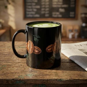 Può includere: Una tazza in ceramica nera riempita con un vivace latte al matcha verde, caratterizzata da un motivo stampato di chicchi di caffè tostati marroni e piccole foglie verdi sulla superficie esterna, posizionata su un tavolo in legno rustico accanto a un giornale.