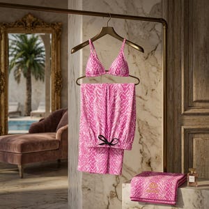 Könnte beinhalten: Ein zweiteiliges Set mit pink-weißem Schlangenmuster. Das Oberteil ist ein Triangel-Bikini mit dünnen Trägern, und die Hose ist weit geschnitten mit einem schwarzen Kordelzug in der Taille. Ein passendes gefaltetes Handtuch liegt daneben.