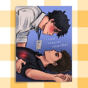 May include: An illustration of two men in a romantic embrace. One man is looking down at the other, with the text "I CAN HEAR HIS HEARTBEAT" on the image. The artwork is in a cartoon style.
