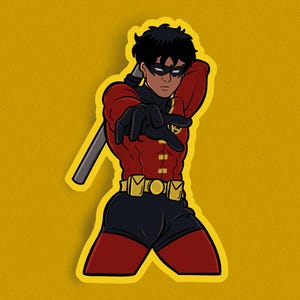 May include: A sticker featuring a cartoon illustration of a superhero in a red and black costume, with a black mask and a sword. The superhero is pointing forward with a determined expression. The word "MOM" is on the belt. The background is yellow.