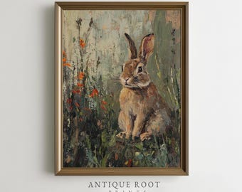 Impresión de pared de conejo estilo cottagecore, arte rústico de animales del bosque, decoración natural neutra, ambiente acogedor de granja, descarga digital imprimible