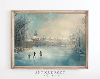 Vintage-Eislauf-Kunstdruck, Winterdorf-Wandbild, druckbare Familie auf dem Eis, verschneite Landschaft, blaues Aquarellposter, digitaler Download