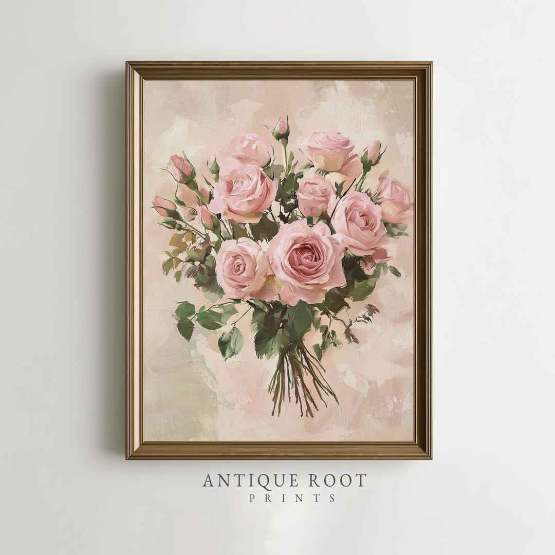 Pastel Pink Rose Bouquet Print, Vintage Floral Wall Art, Romantic ...