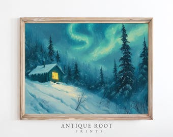Pode incluir: Uma impressão emoldurada de uma paisagem de inverno com uma cabana coberta de neve e árvores perenes sob uma aurora boreal verde e turquesa. O texto "ANTIQUE ROOT PRINTS" está na parte inferior. A janela da cabana brilha.