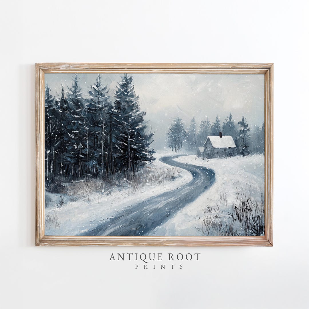 Cozy Winter Cabin Printable Wall Art - Rustic Snowy Road in Pine Forest ...