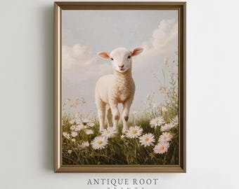 Vintage Pastel Lamb Print, Cottagecore Botanical Spring Art, Cozy Nursery Wall Decor, Printable Wall Art, Instant Digital Download