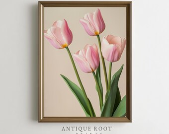 Impresión botánica de tulipanes rosas primaverales, arte floral vintage para pared, decoración de sala de estar en tonos pastel, ilustración minimalista imprimible para descarga instantánea.
