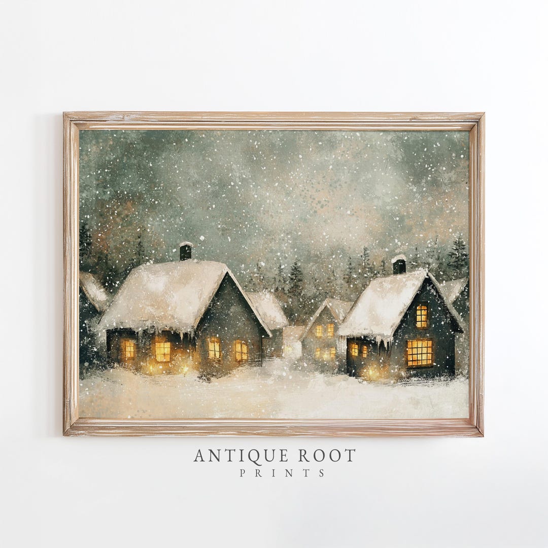 Cozy Winter Village Wall Art Print - Rustic Snowy Cottages for Adults ...