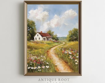 Vintage Spring Cottage Painting, Adorable Printable Wall Art, Cottagecore Pastoral Decor, Cozy Farmhouse Landscape, Instant Digital Download