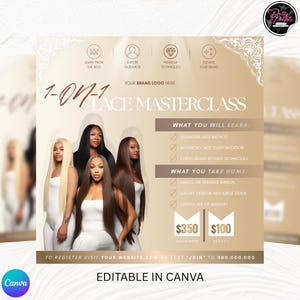 May include: A digital flyer for a 1-on-1 lace masterclass featuring four individuals with different hair colors. The text includes '1-ON-1 LACE MASTERCLASS', 'WHAT YOU WILL LEARN', 'WHAT YOU TAKE HOME', and sections for investment and deposit amounts.